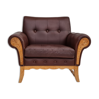 Fauteuil danois vintage, années 1970, cuir, bois de chêne