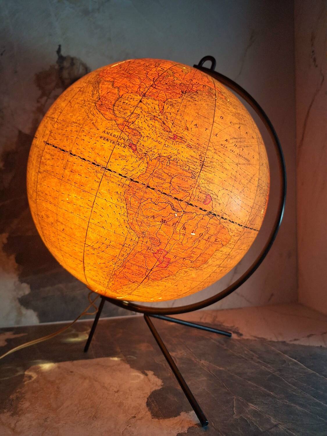 Vintage world map, old illuminated planisphere, terrestrial globe
