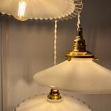 Three-light cascading pendant lamp with vintage white opaline lampshade