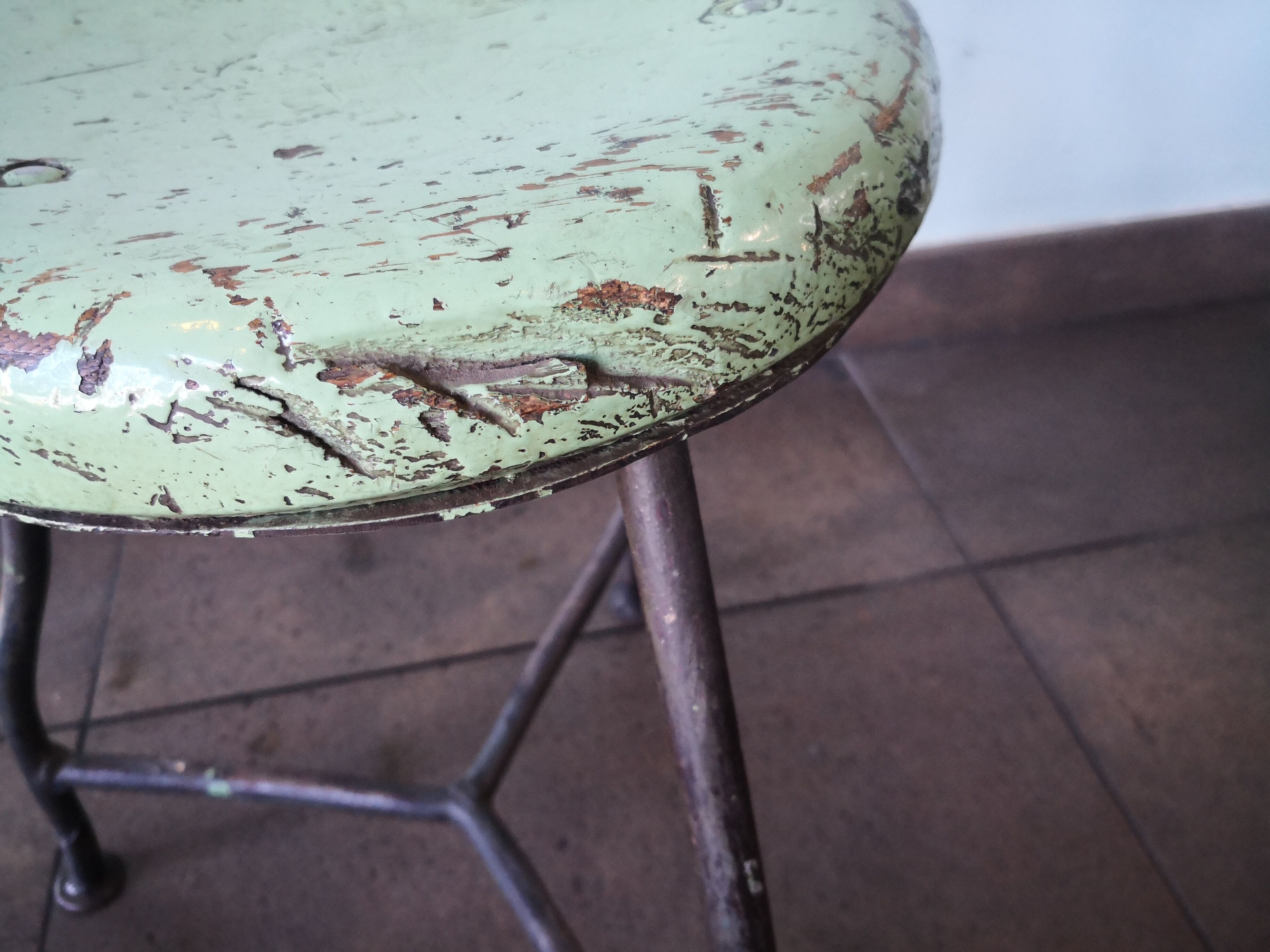 Vintage tripod stool, industrial style wood and metal