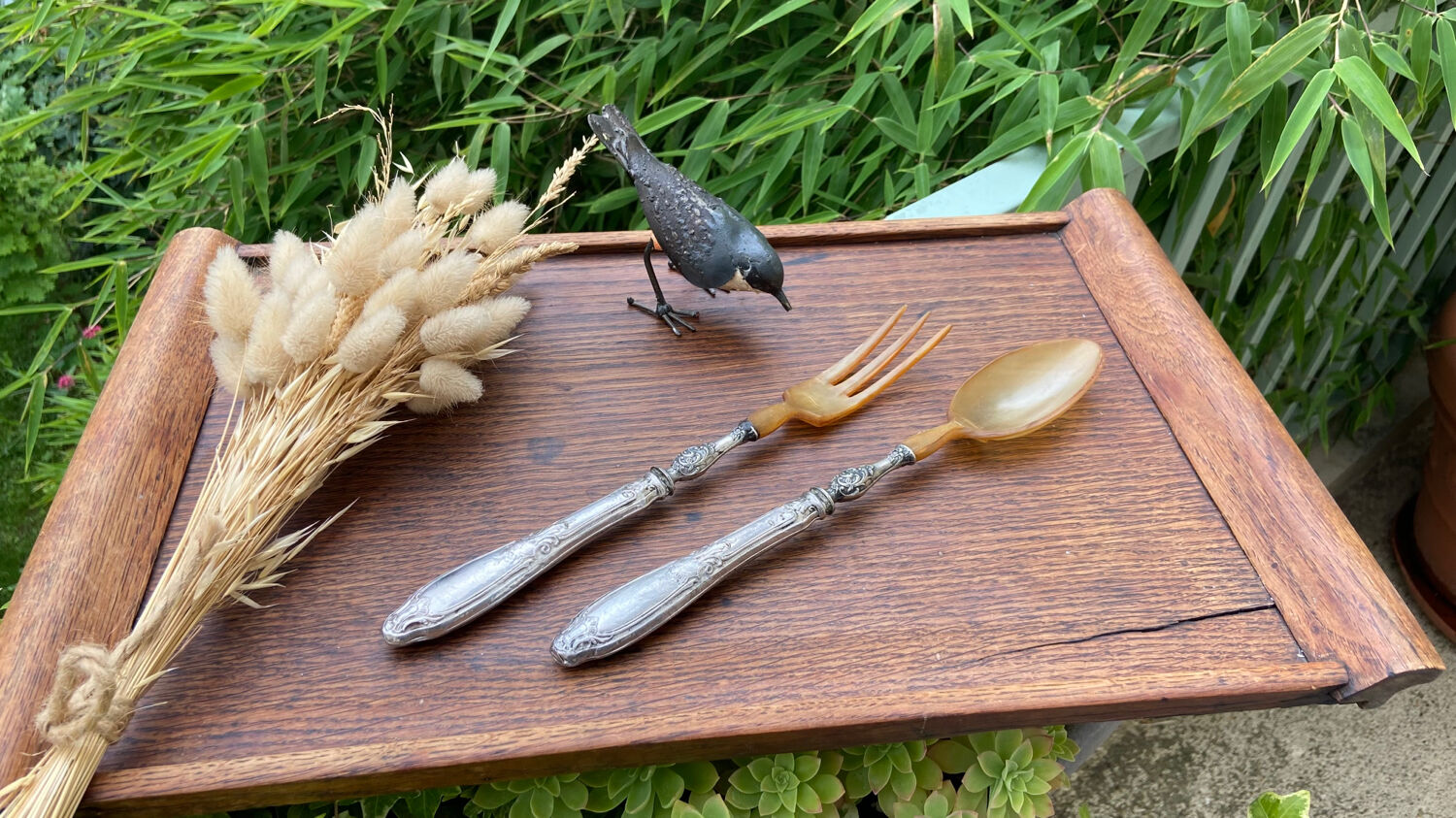 Salad cutlery in silver filled and horn early twentieth century
