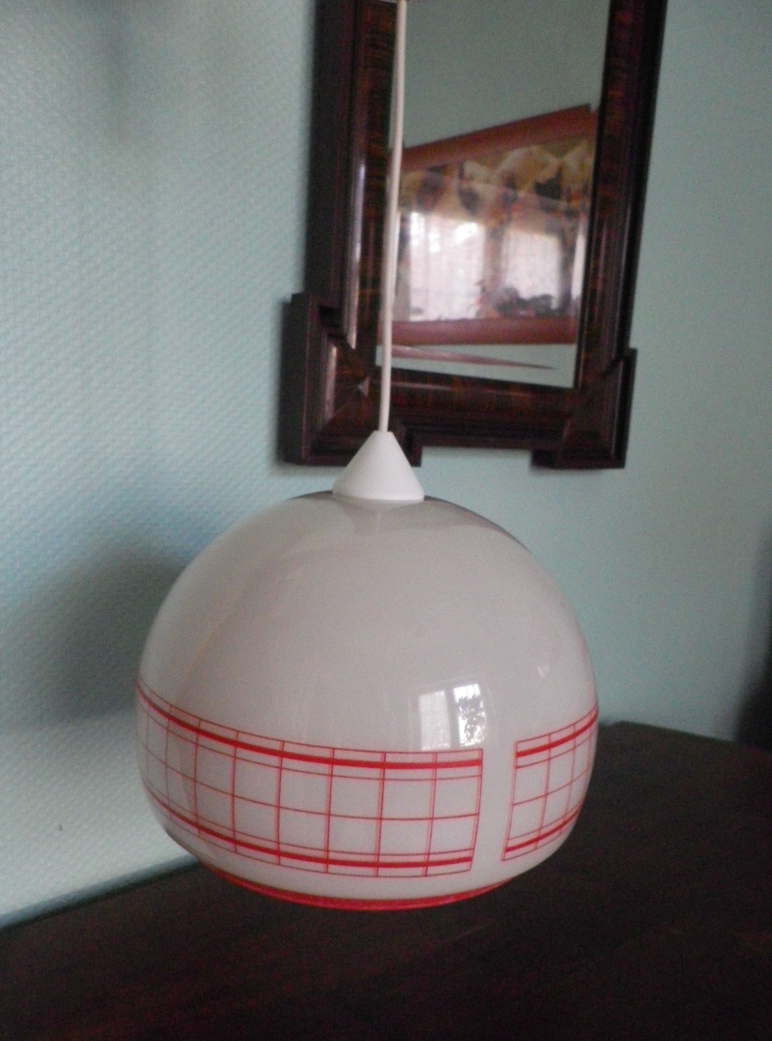 Space age pendant lamp, white opaline with orange silkscreened geometric designs