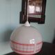 Space age pendant lamp, white opaline with orange silkscreened geometric designs