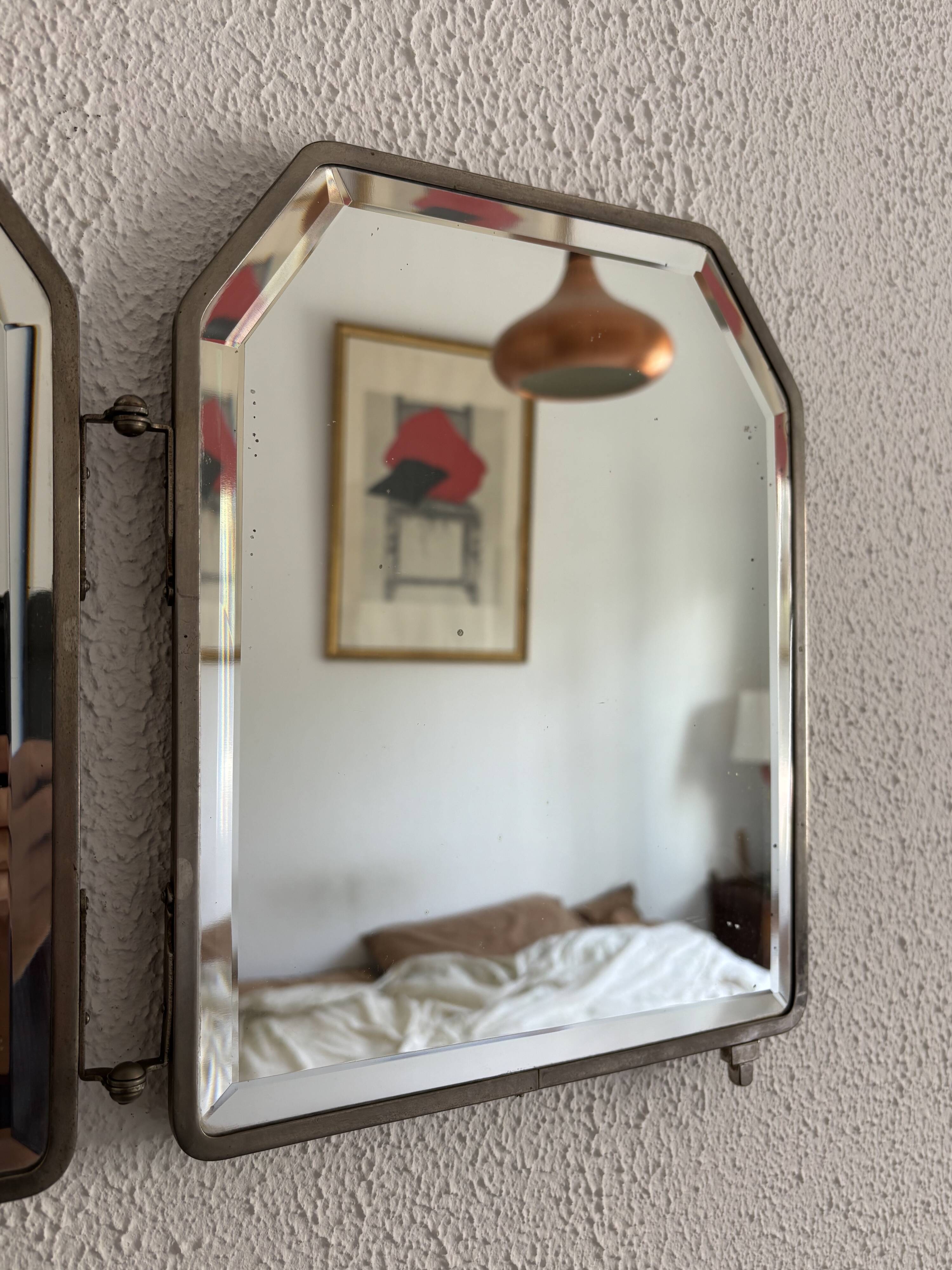 Miroir vintage 1920 triptyque barbier Art Déco cristal hexagone- 33 x 78 cm