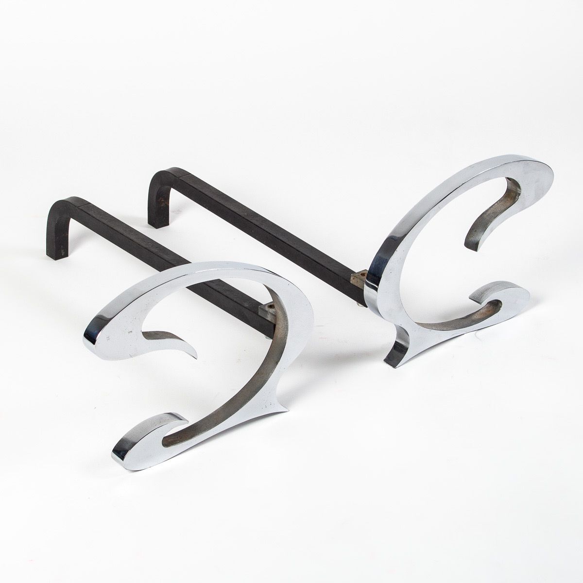 Pair of brushed steel chenets by Jean-Paul Créations circa 1970s
