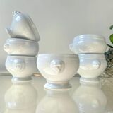 6 mismatched vintage porcelain lion head onion soup bowls - white, made in France