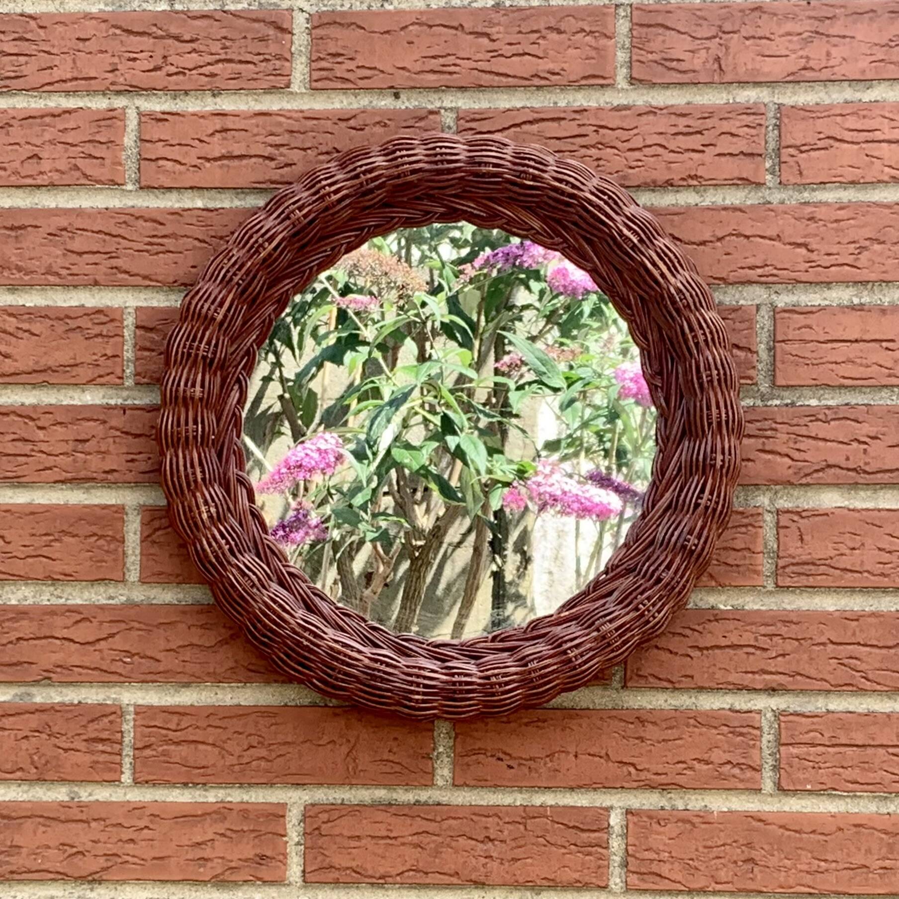 Vintage round woven rattan wall mirror