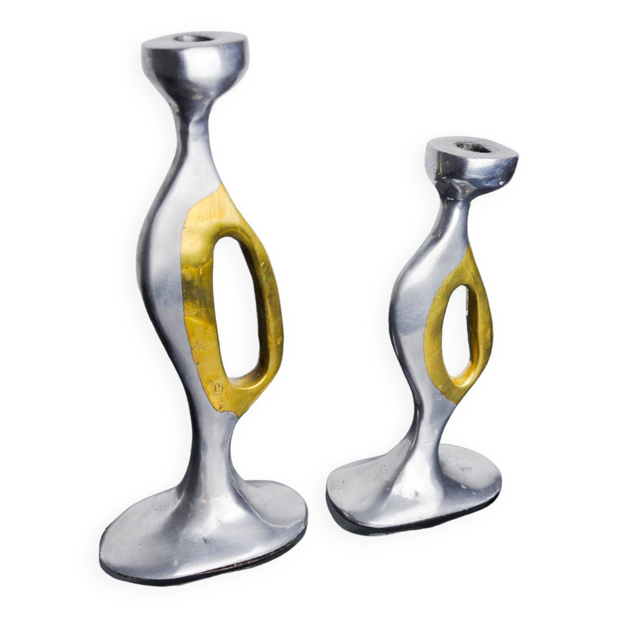 Pair of brutalist candlesticks by Léopold, bronze and aluminum, Spain, 1970