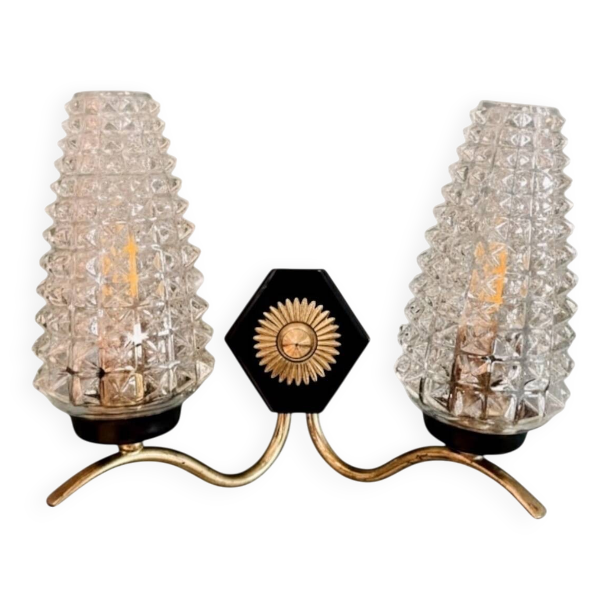 Double applique Mid Century Moderniste attribuable Maison Arlus laiton et v