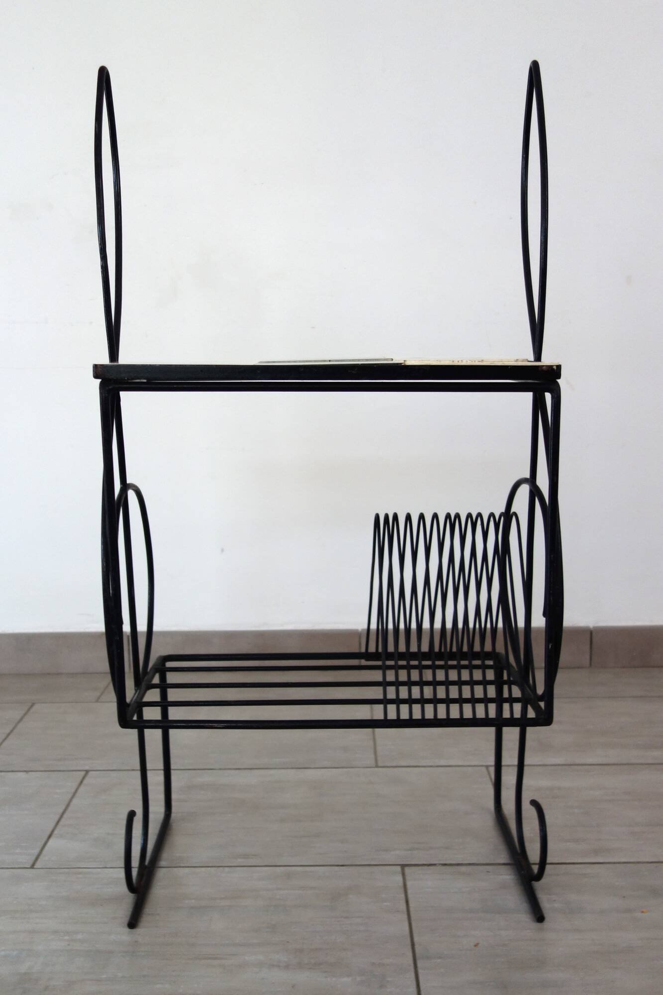 1960s metal and ceramic magazine and record rack