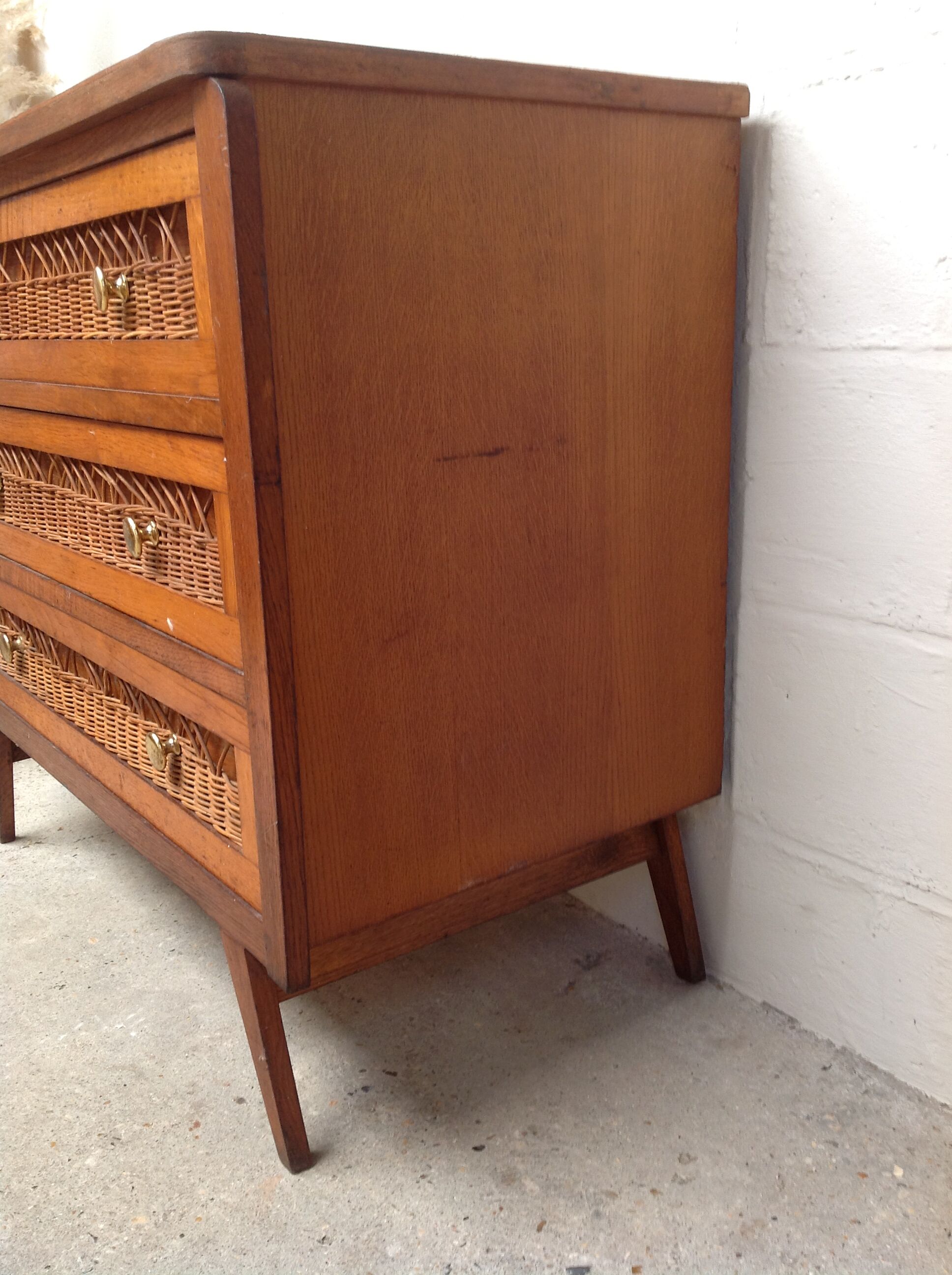Vintage wooden and rattan dresser