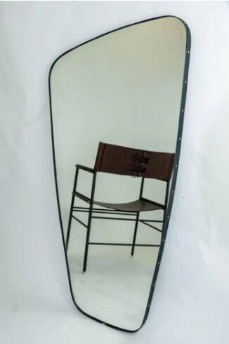 Mid-Century Irregular Shape Mirror with Hammered Brass Frame