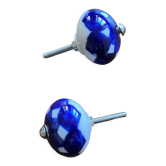 2 boutons, poignées porte en céramique, blanc bleu