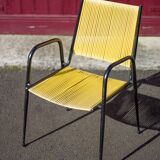 Scoubidou armchair, black metal armchair and yellow plastic wires, vintage chair