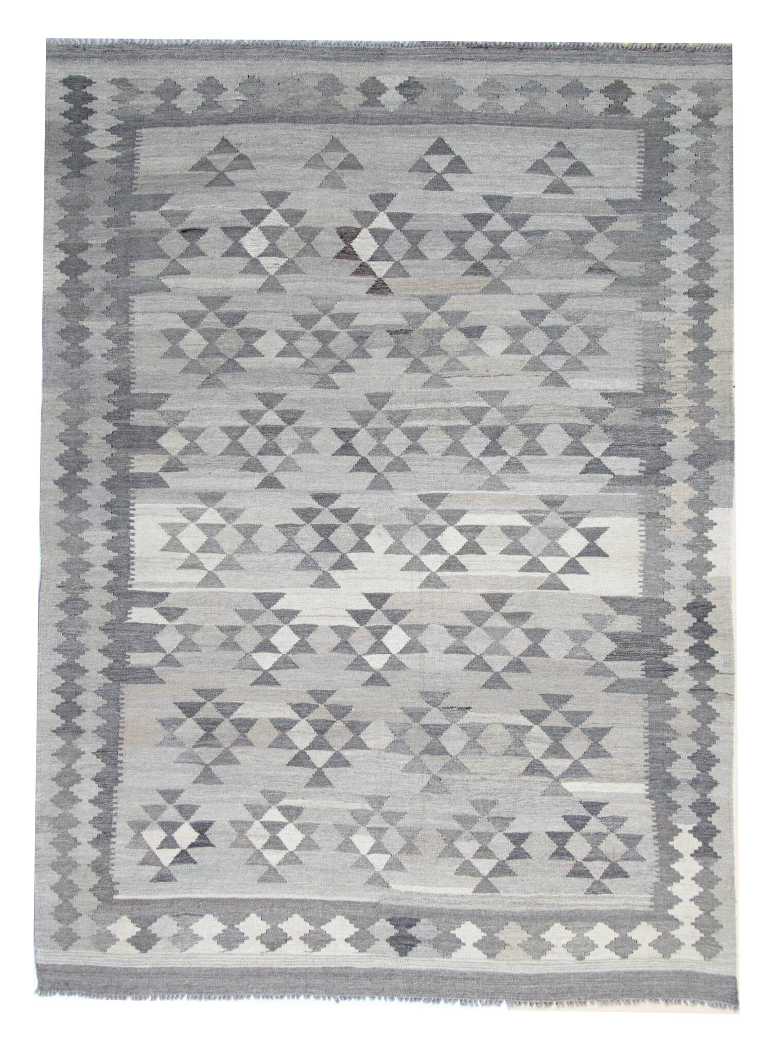 Handmade Afghan Kilim Rug, Grey Wool Geometric Flatweave Carpet 239x175cm