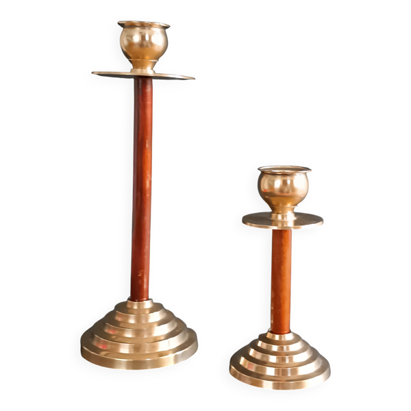 Deux bougeoirs en bois et laiton vintage — Beyit