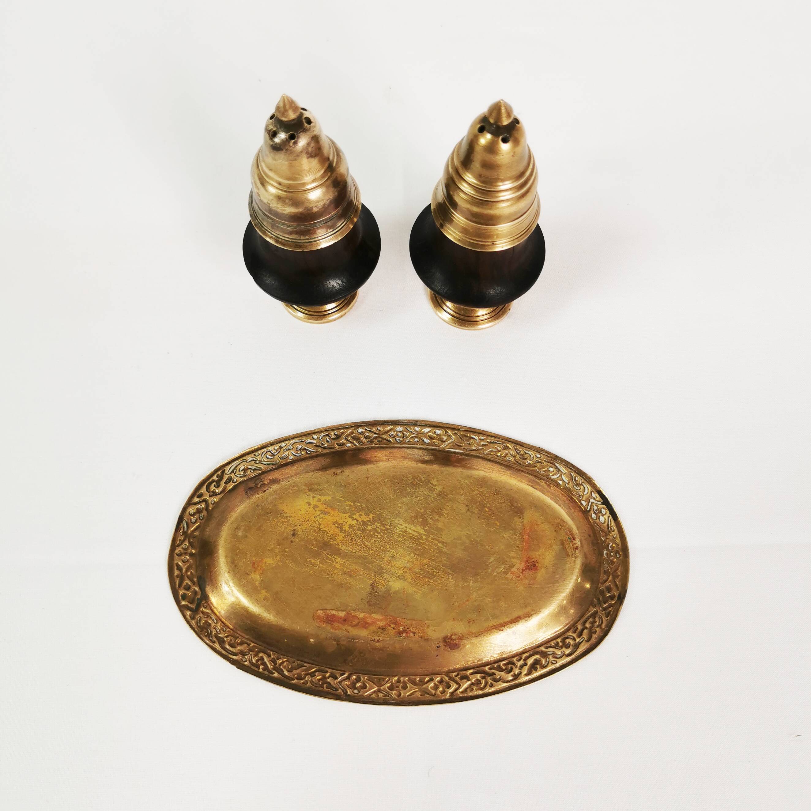 Brass and rosewood spice set, Denmark, 1950s