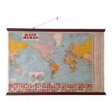 Original Old School Wall Planisphere. Original Vintage in Paper Over Linen World Map.
