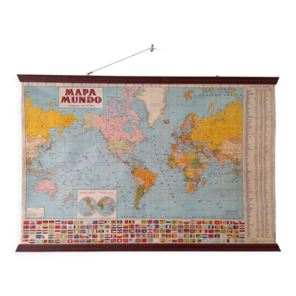 Original Old School Wall Planisphere. Original Vintage in Paper Over Linen World Map.