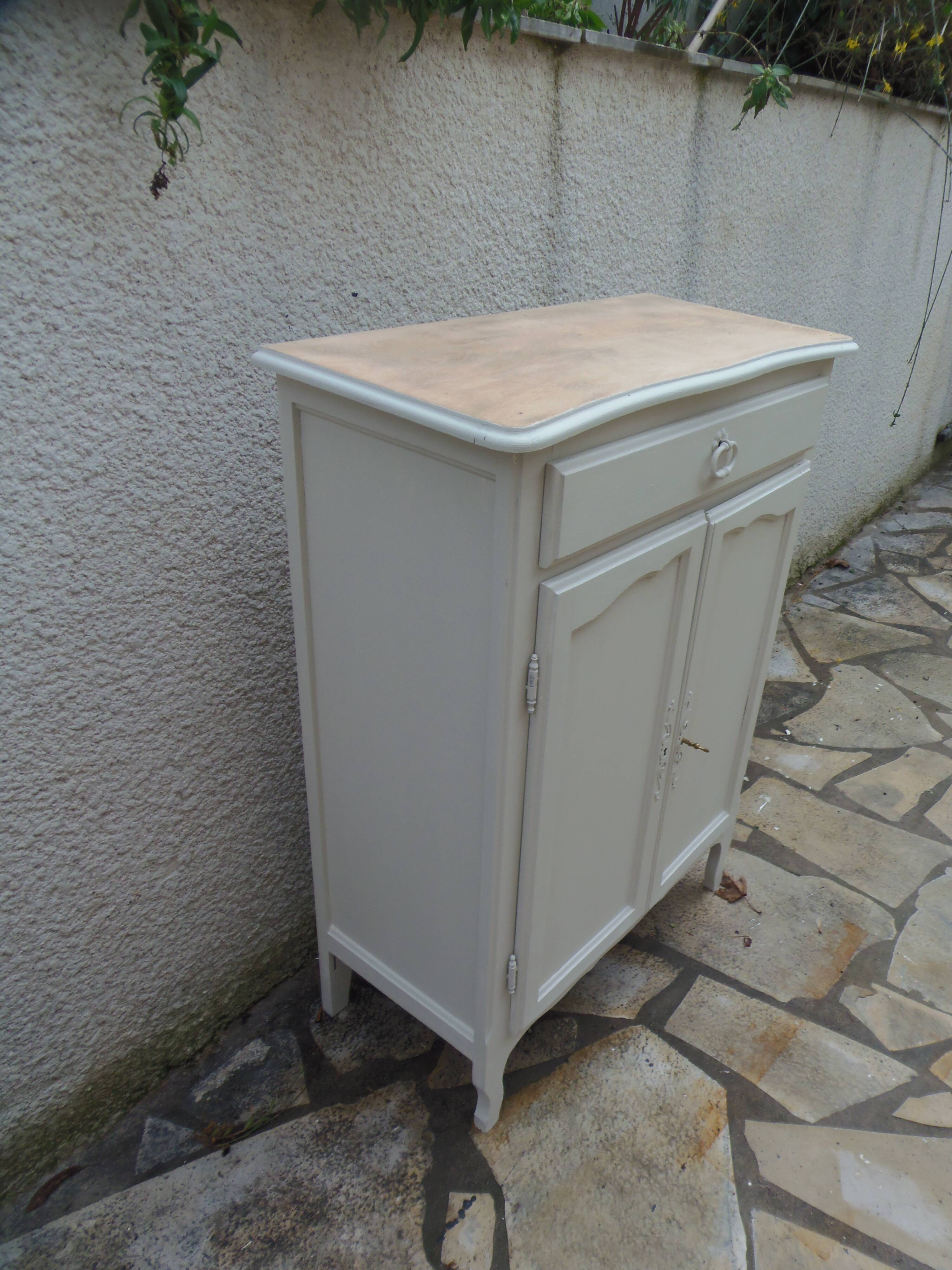 Small vintage buffet reimagined in pearl grey, wooden top.