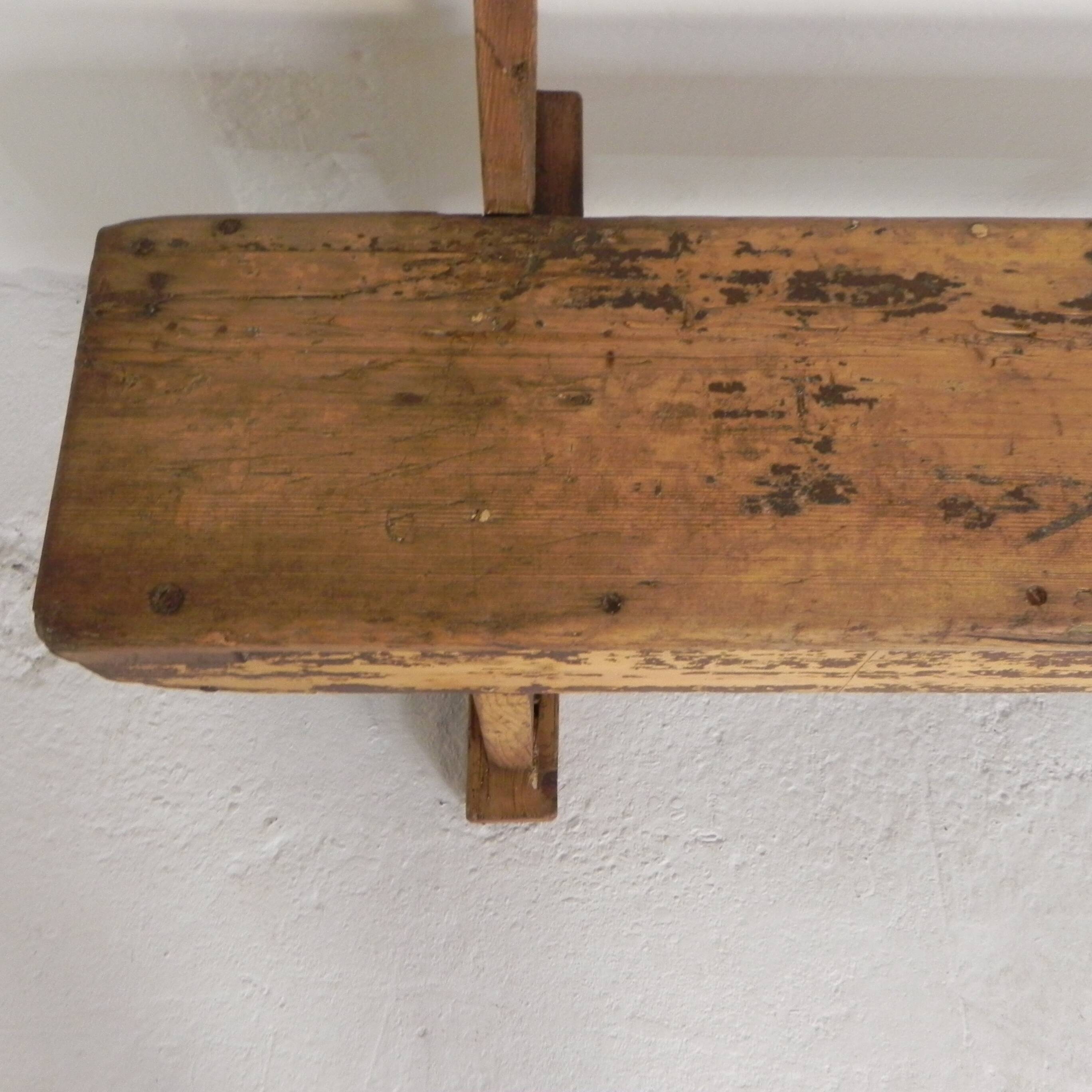 Pine bench with backrest, 2.5 metres long, 1950s.