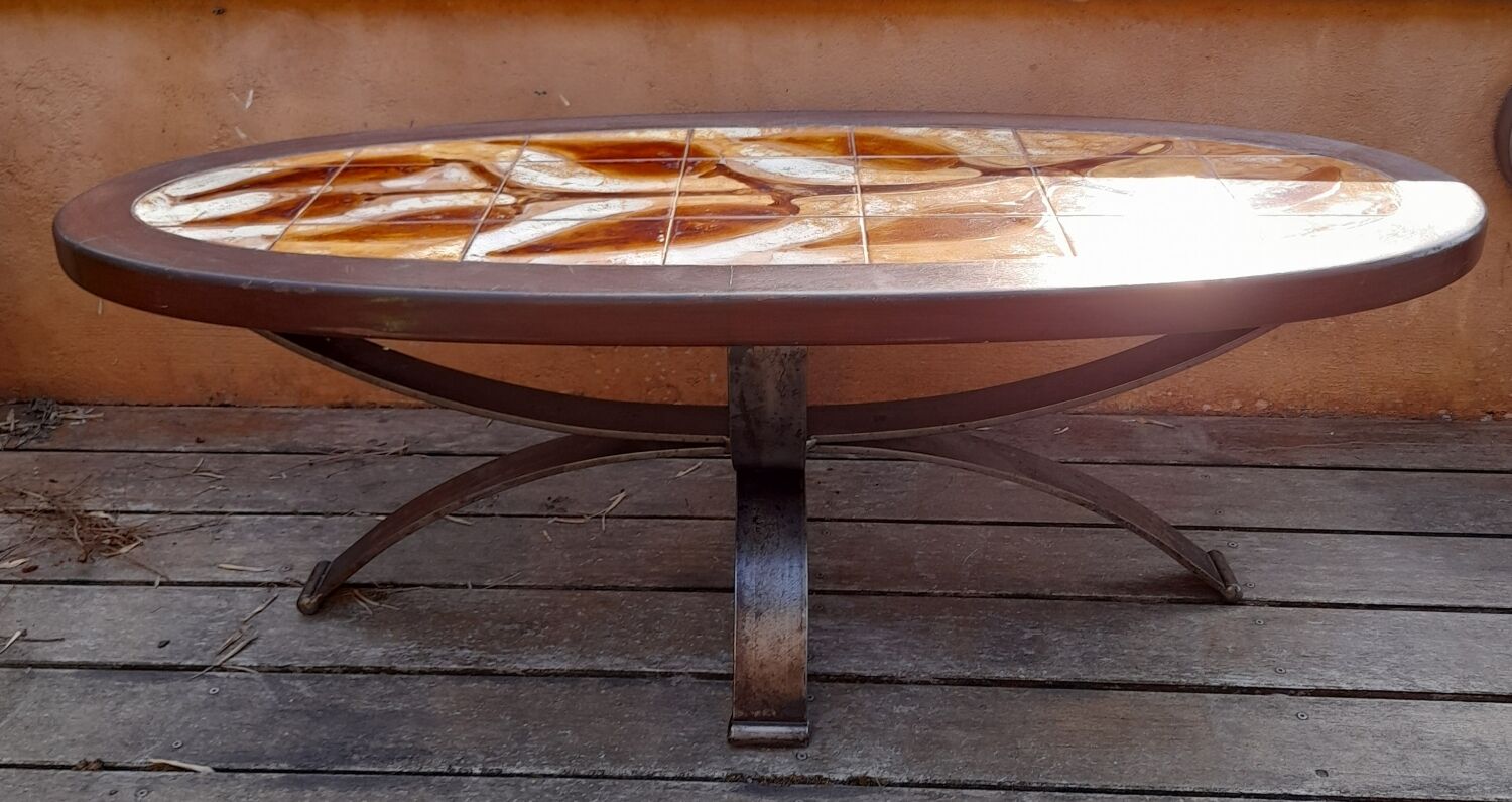Wood ceramic and metal coffee table by Dan Vallauris 1960