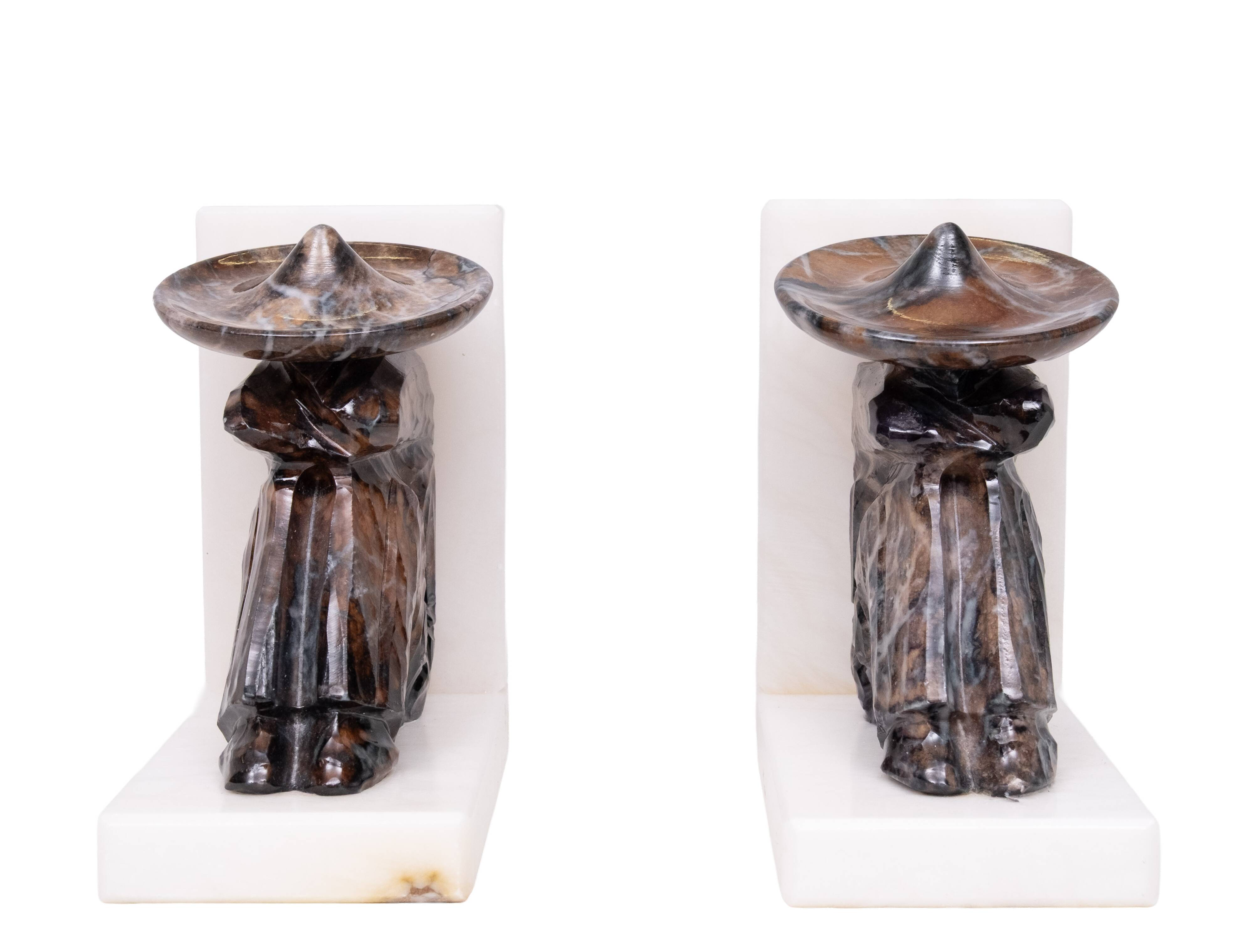 Vintage Onyx and White Marble Bookends, Sombrero Design, Mexico, 1970s