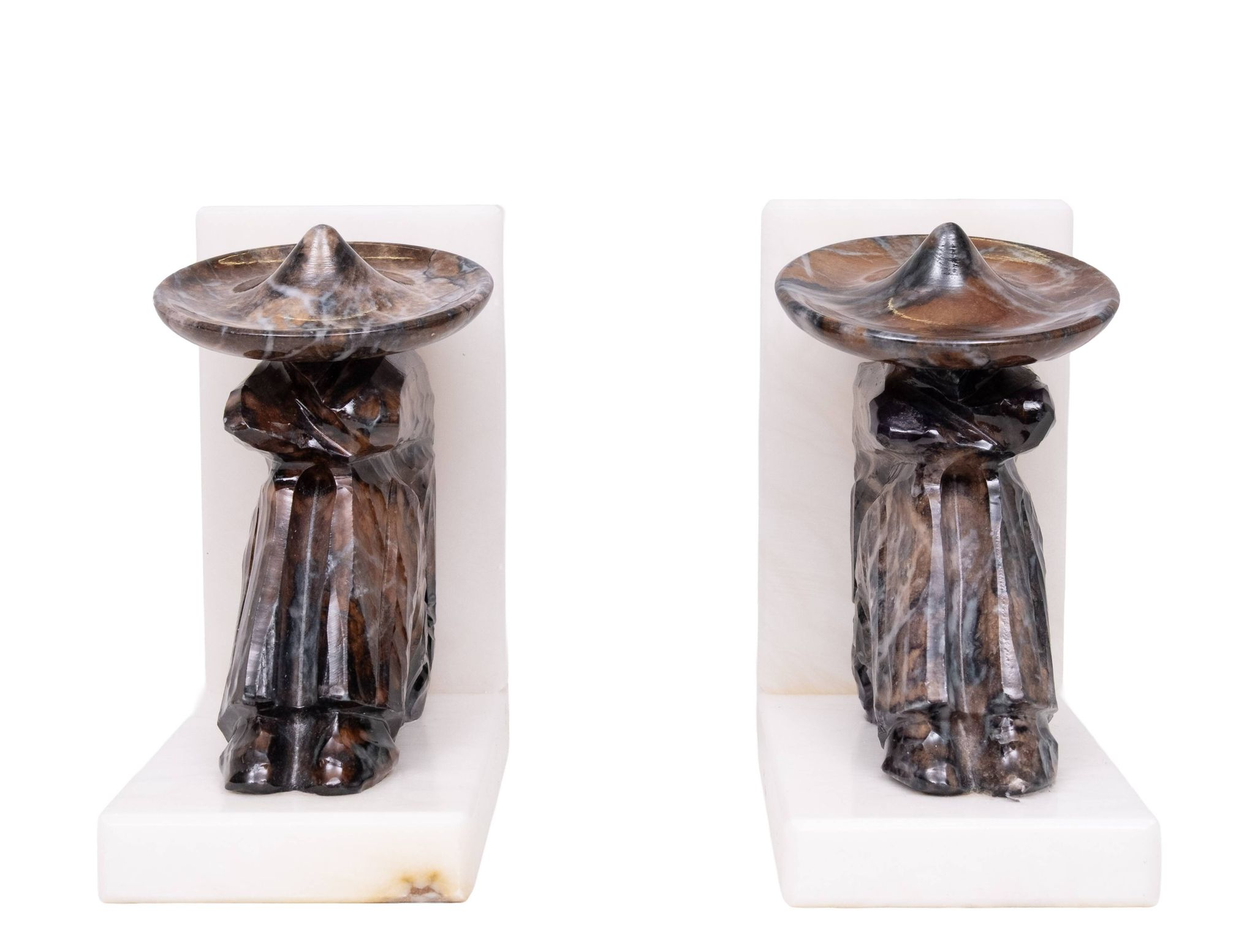 Vintage Onyx and White Marble Bookends, Sombrero Design, Mexico, 1970s