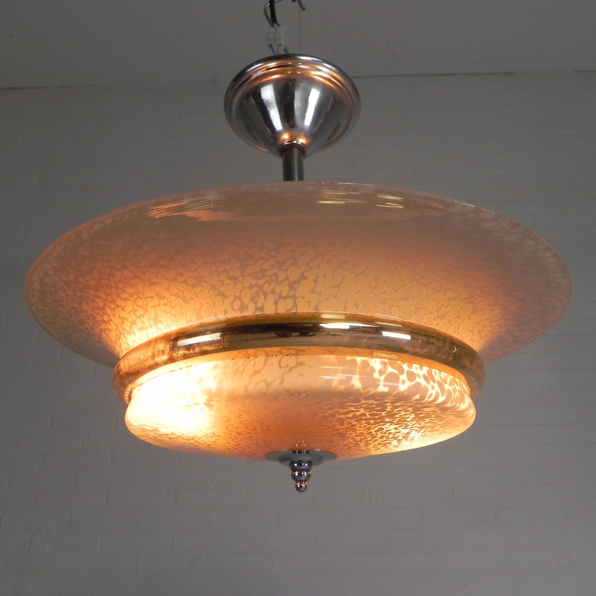 Art Deco suspension with cloudy glass shade and gold band, 1930s