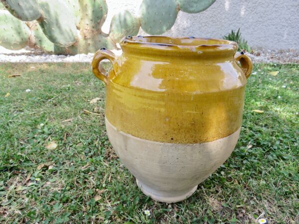 Vase, pot, jarre à huile en terre cuite vernissée jaune, fin 19ème