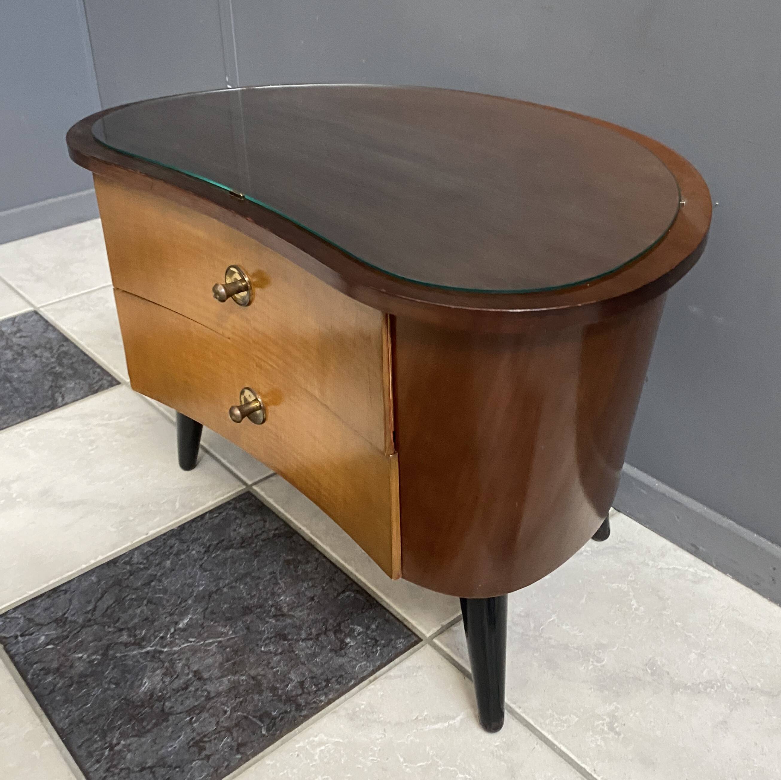 small kidney shaped cabinet with glass on top 1960s