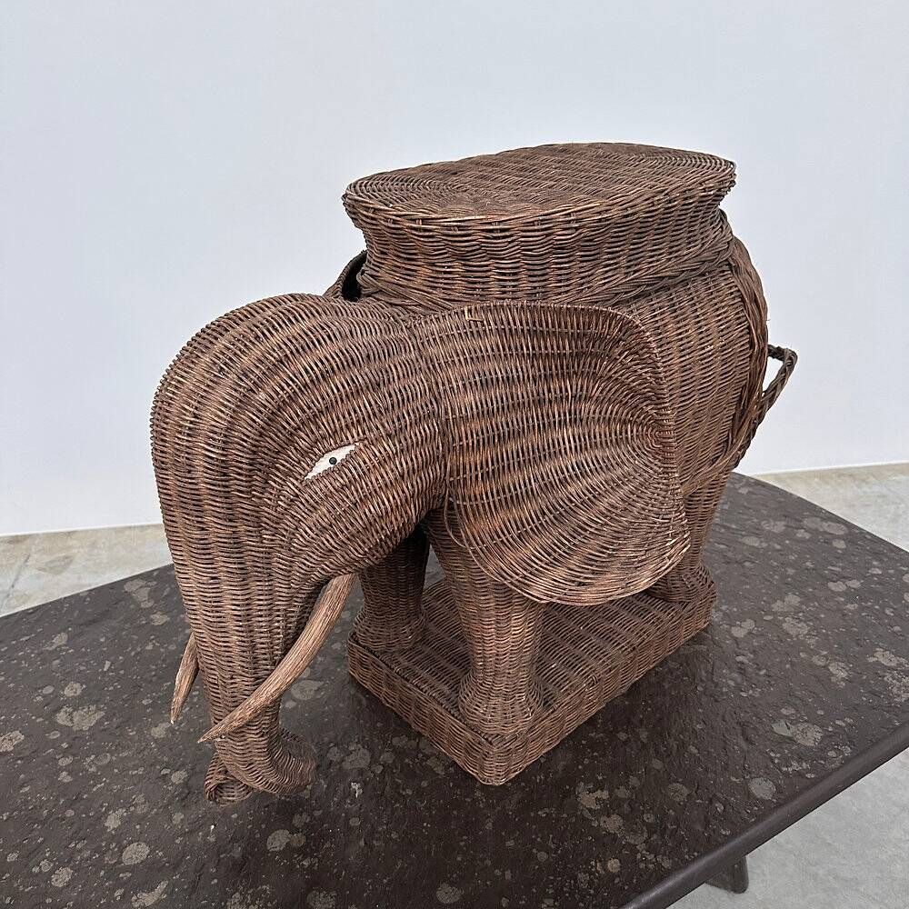 Large vintage wicker elephant plant stand / side table – sculptural bohemian statement