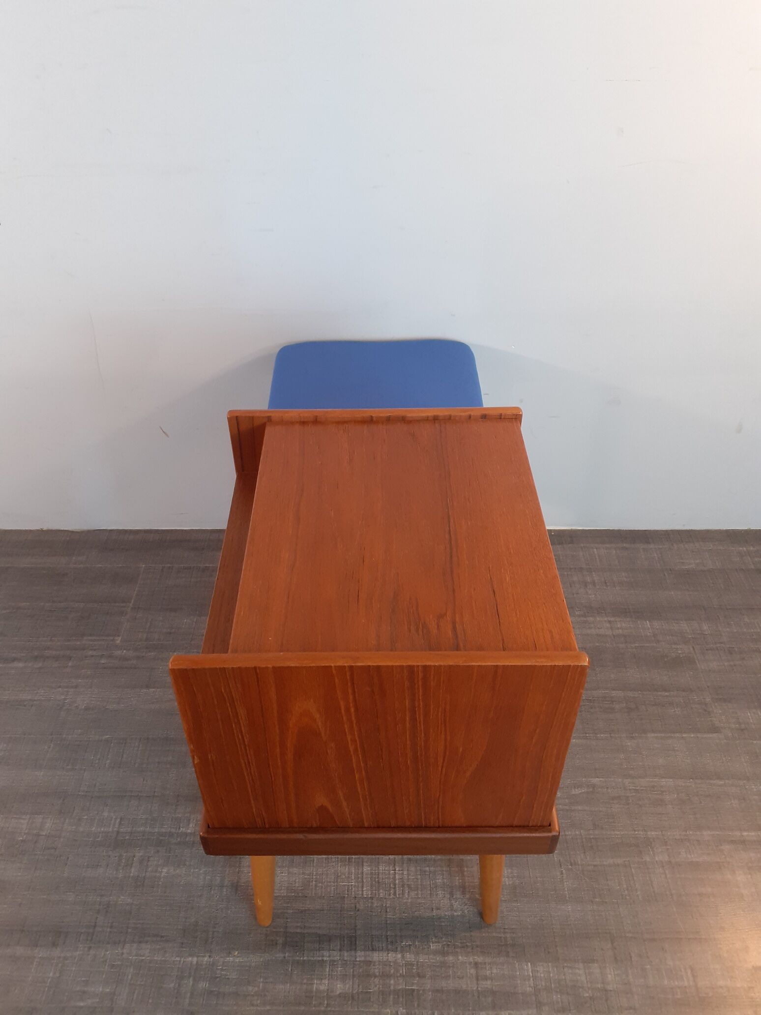 Bench Norwegian Phone Teak and blue fabric, Vintage Scandinavian 1970s