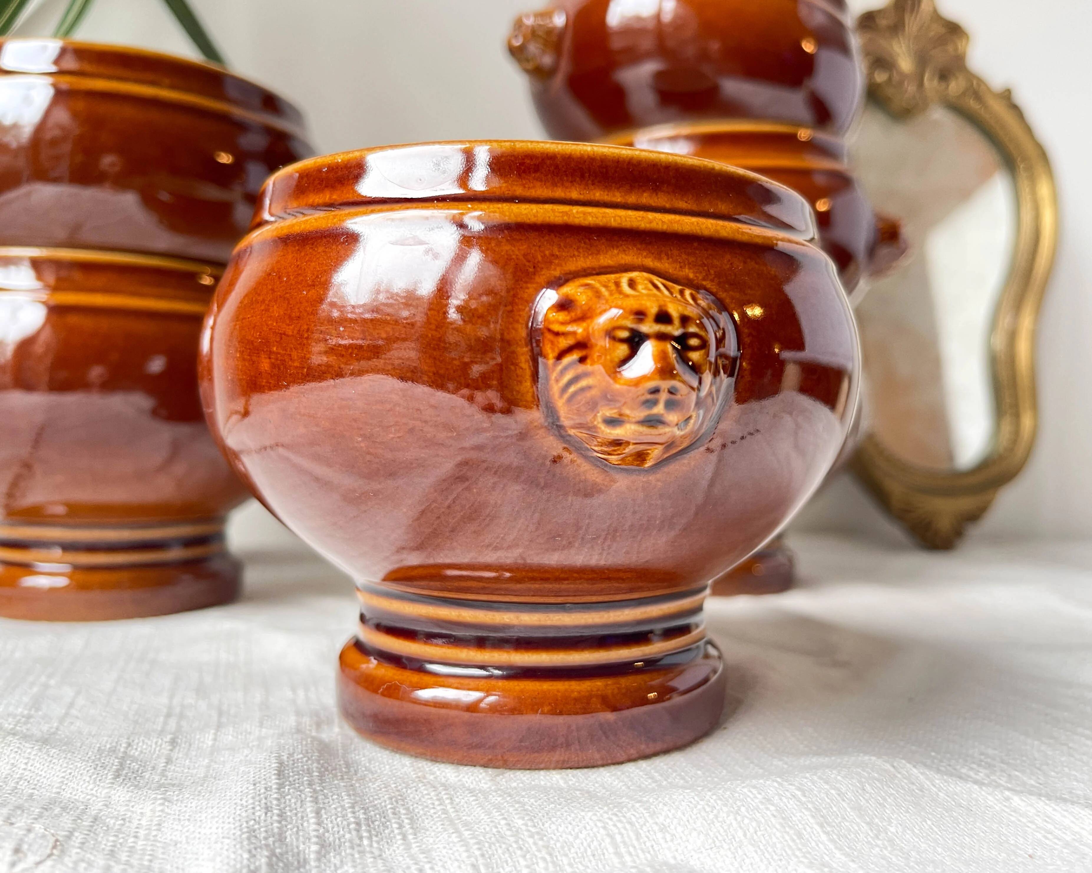 6 lion head bowls in ceramic, vintage brown style Emile Henry, made in France.