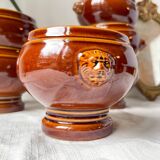 6 lion head bowls in ceramic, vintage brown style Emile Henry, made in France.