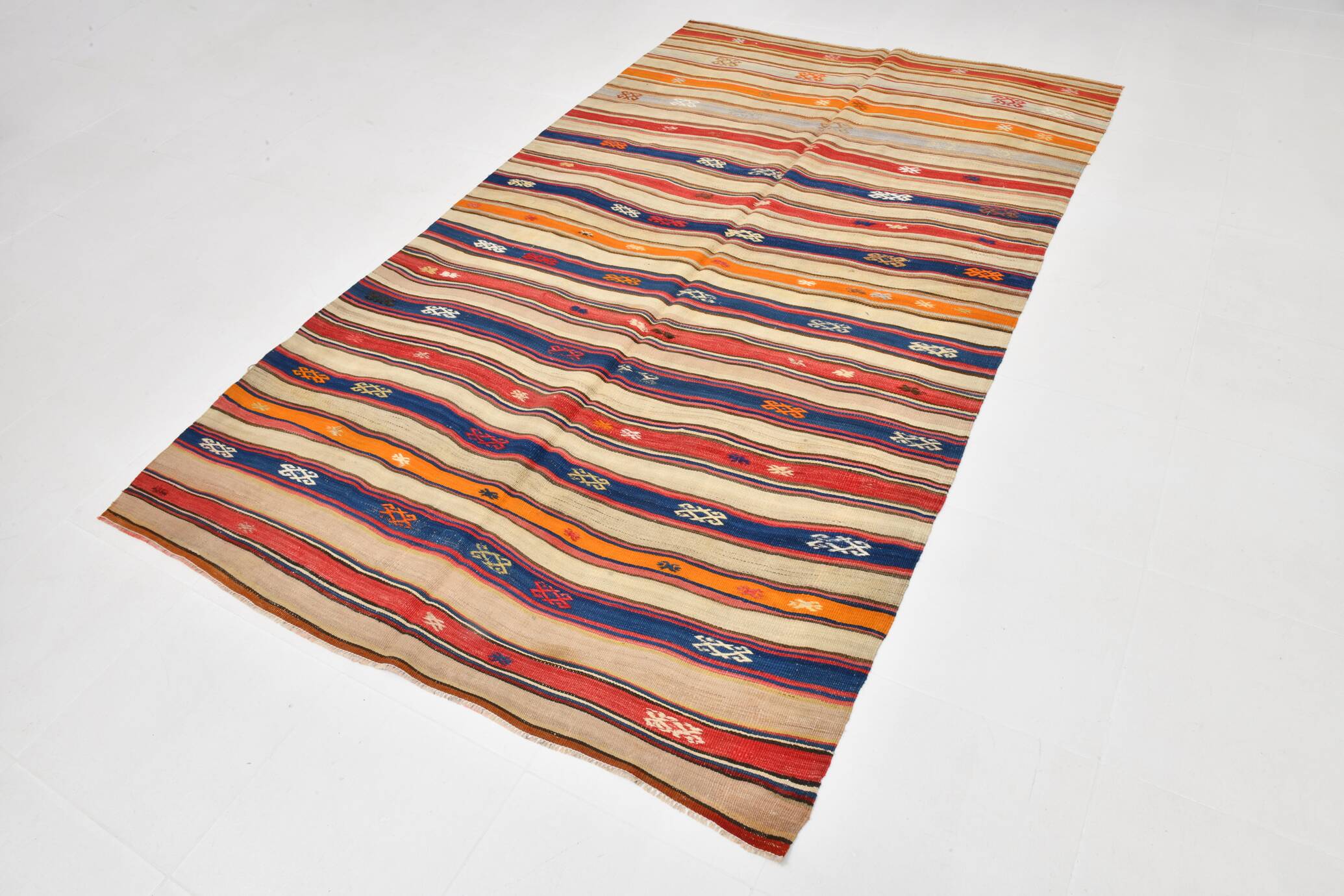 Cream Blue Striped Pattern Vintage Kilim Rug, 162x267Cm
