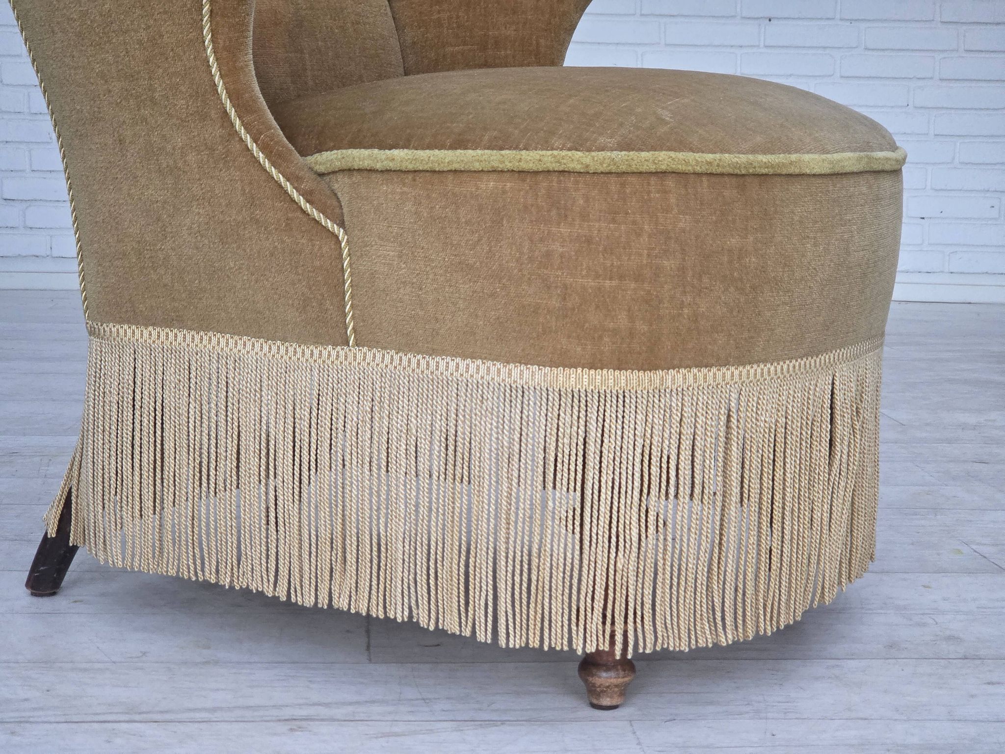 1950s, Danish armchair, furniture velour, ash wood legs.