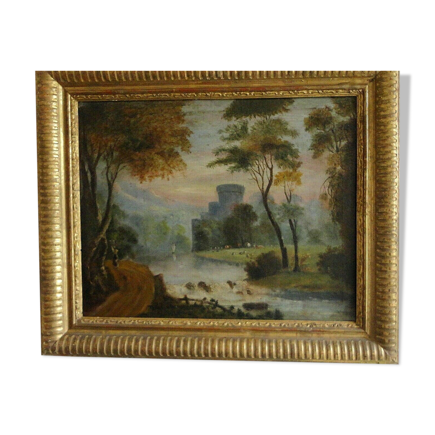 Oil french school XVIII, landscape with ruin trumeau