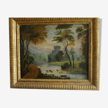 Oil french school XVIII, landscape with ruin trumeau