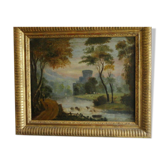 Huile école française XVIII, paysage avec ruine. trumeau