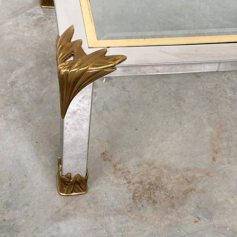 Vintage coffee table in chrome and brass adorned with sculpted leaf details, 1970s