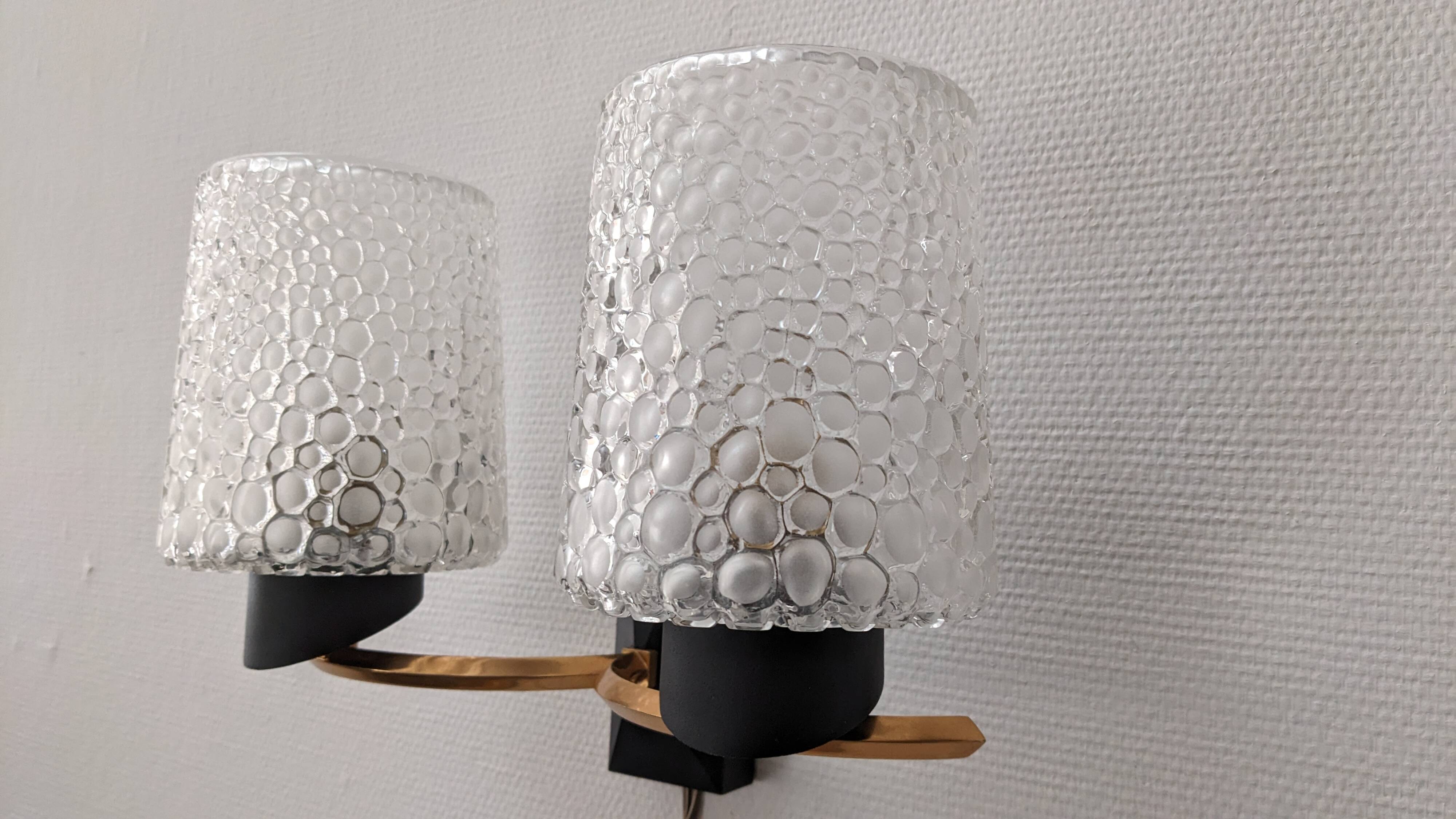 Pair of double wall lights in bubbled glass by Maison Arlus, France circa 1960.