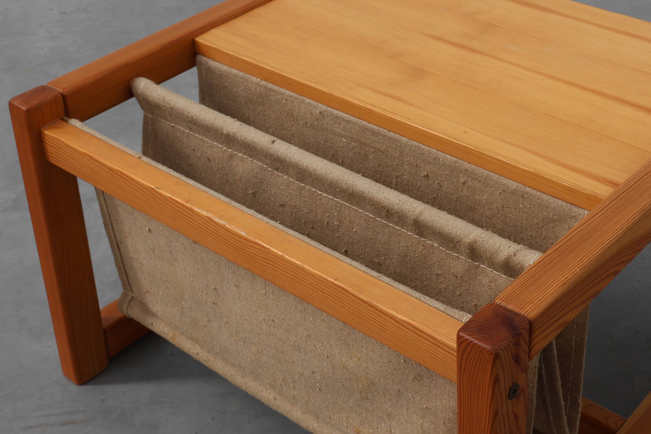 Pine and linen coffee table with magazine rack by Karin Möbring, Sweden