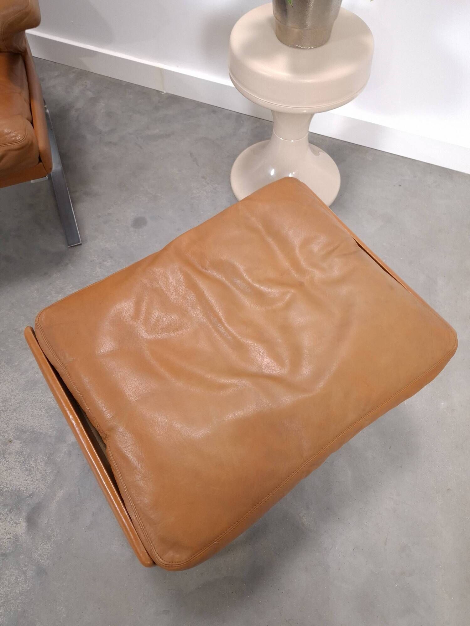 Vintage COR Swing armchair with ottoman, Reinhold Adolf, cognac leather
