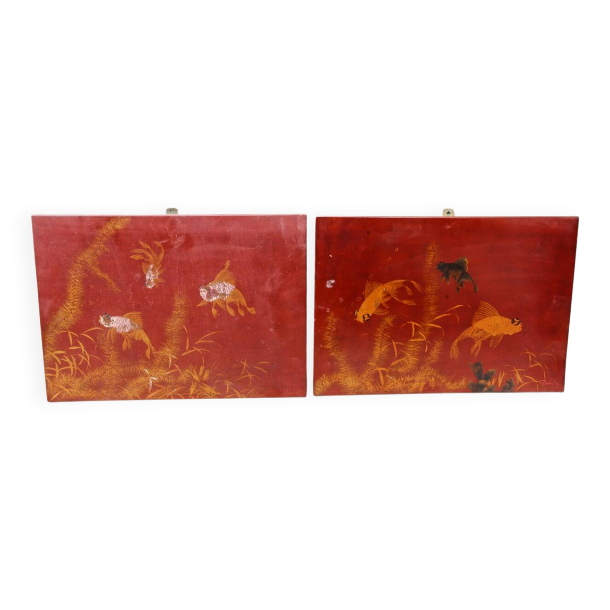 Pair of lacquered wooden panels, fish, Vietnam, Tran Van Ha (1911-1974)