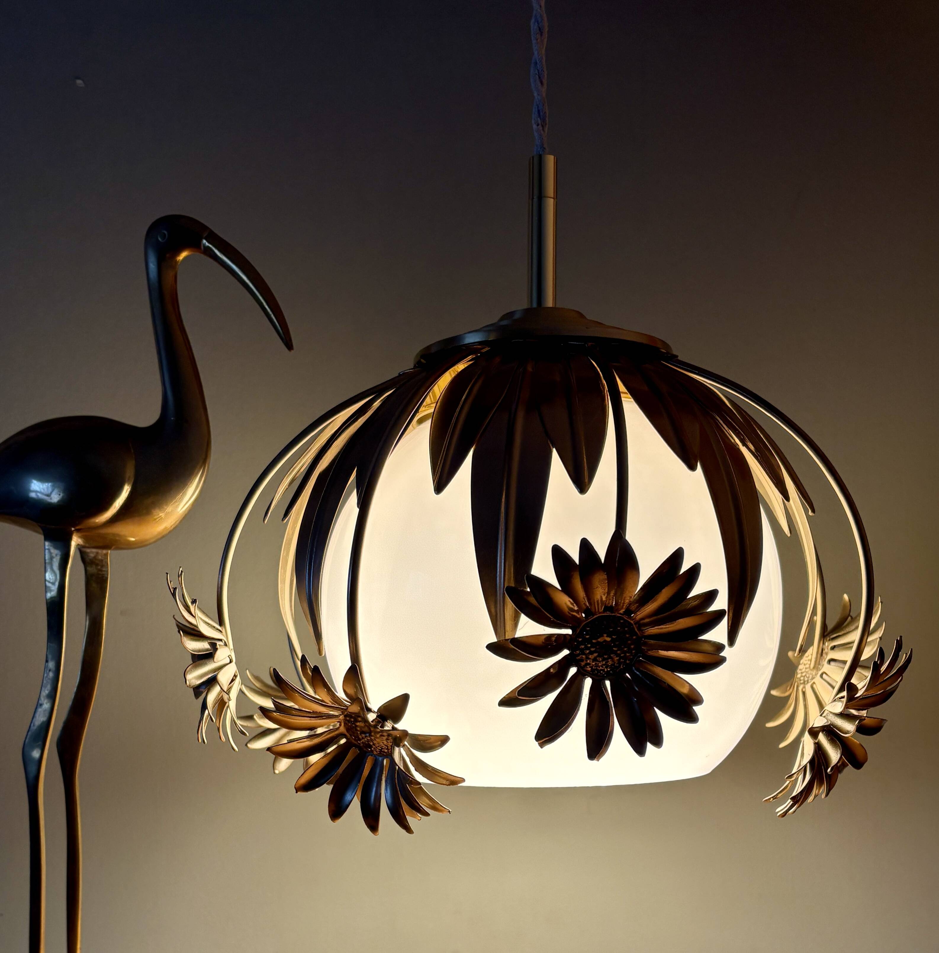 Pendant light in gilded metal and antique opaline globe