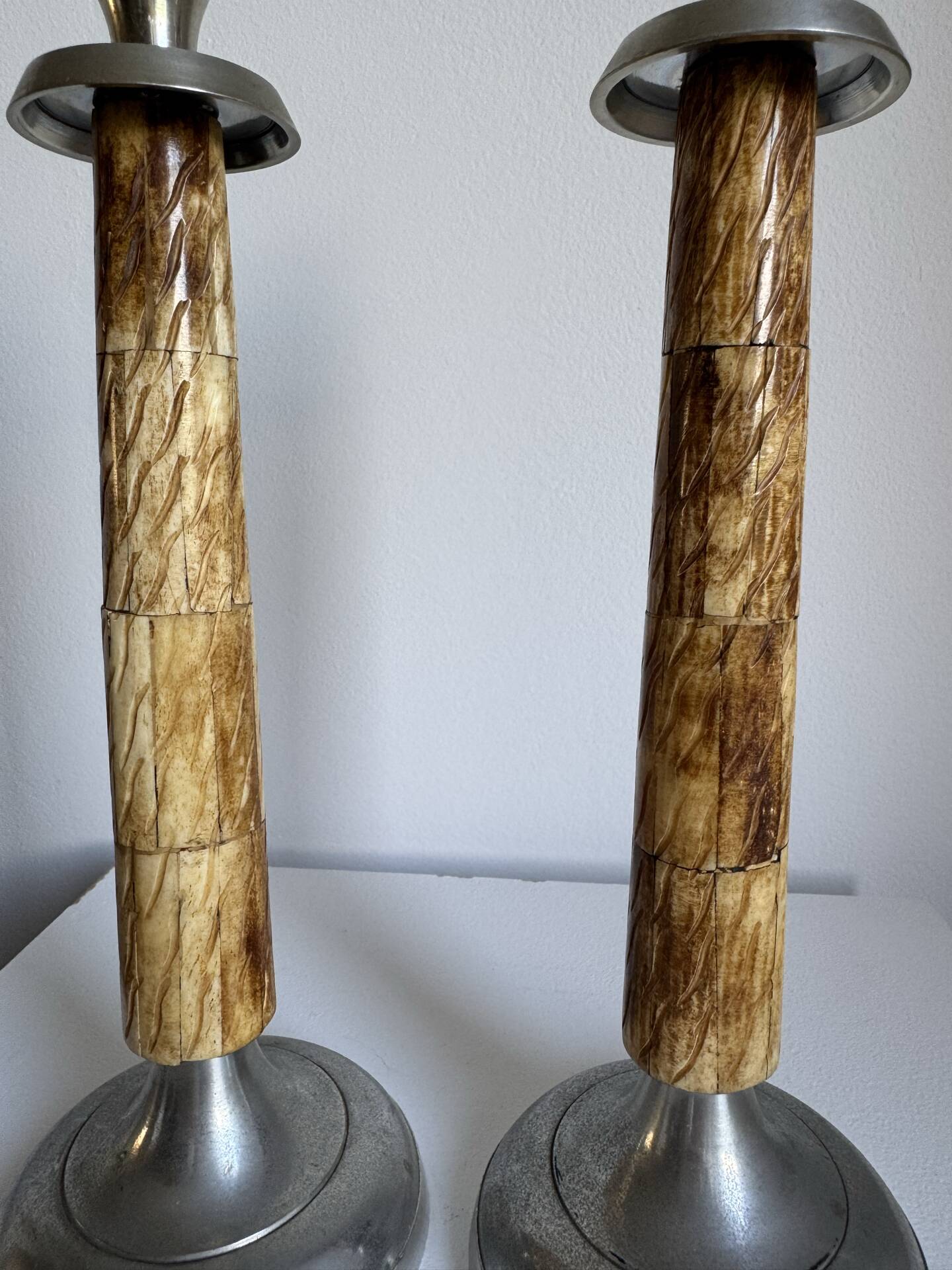A Pair Of Vintage Mid Century Modern Metal With Faux Bone Candle Holde