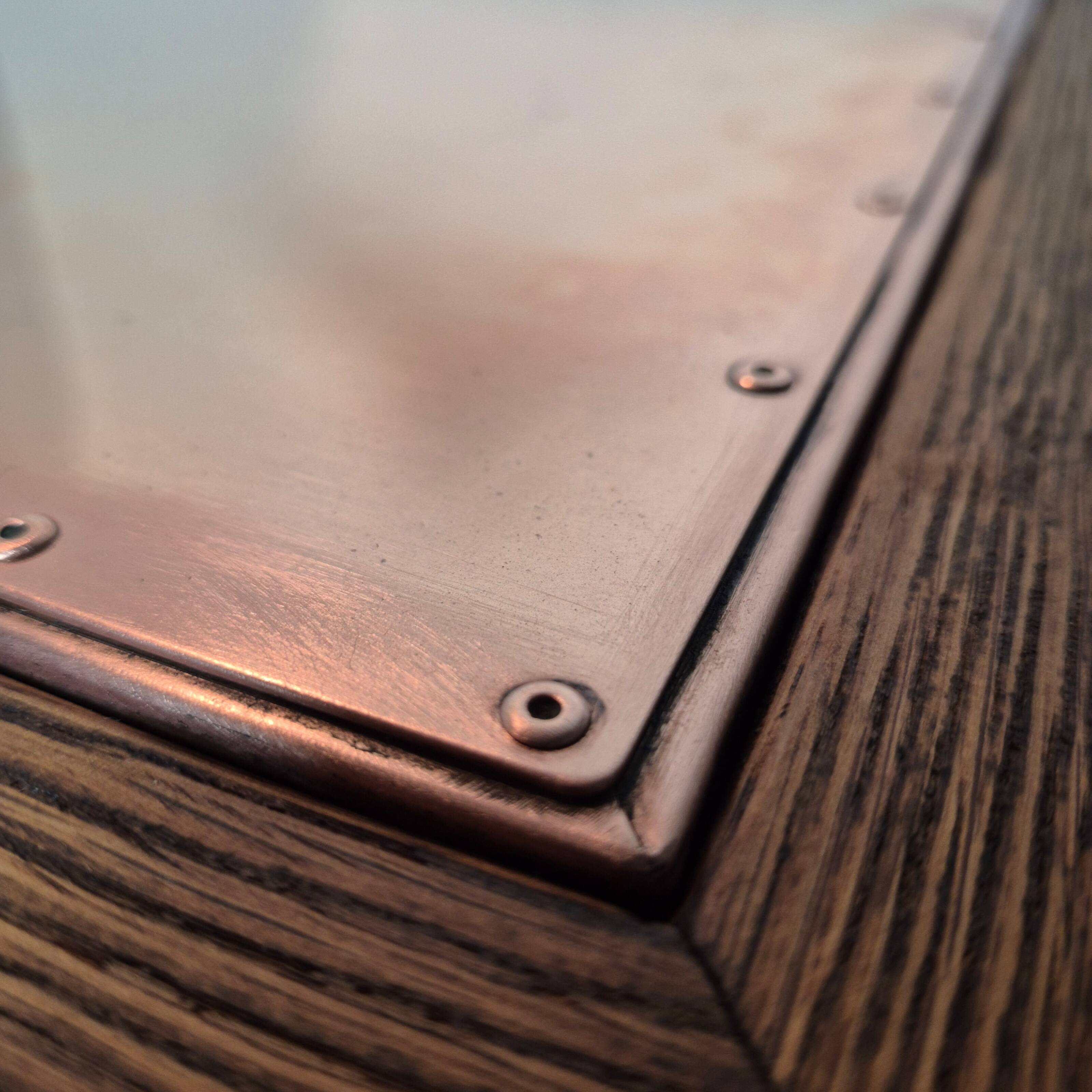 Brutalist oak square coffee table with copper top, Netherlands 1950s