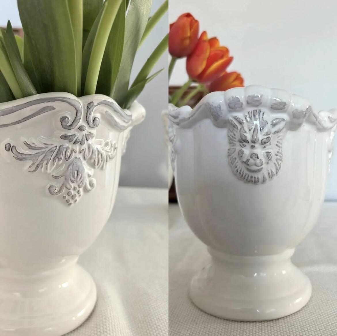 White glazed ceramic urn vase — baroque relief decor — Gustavian / sha