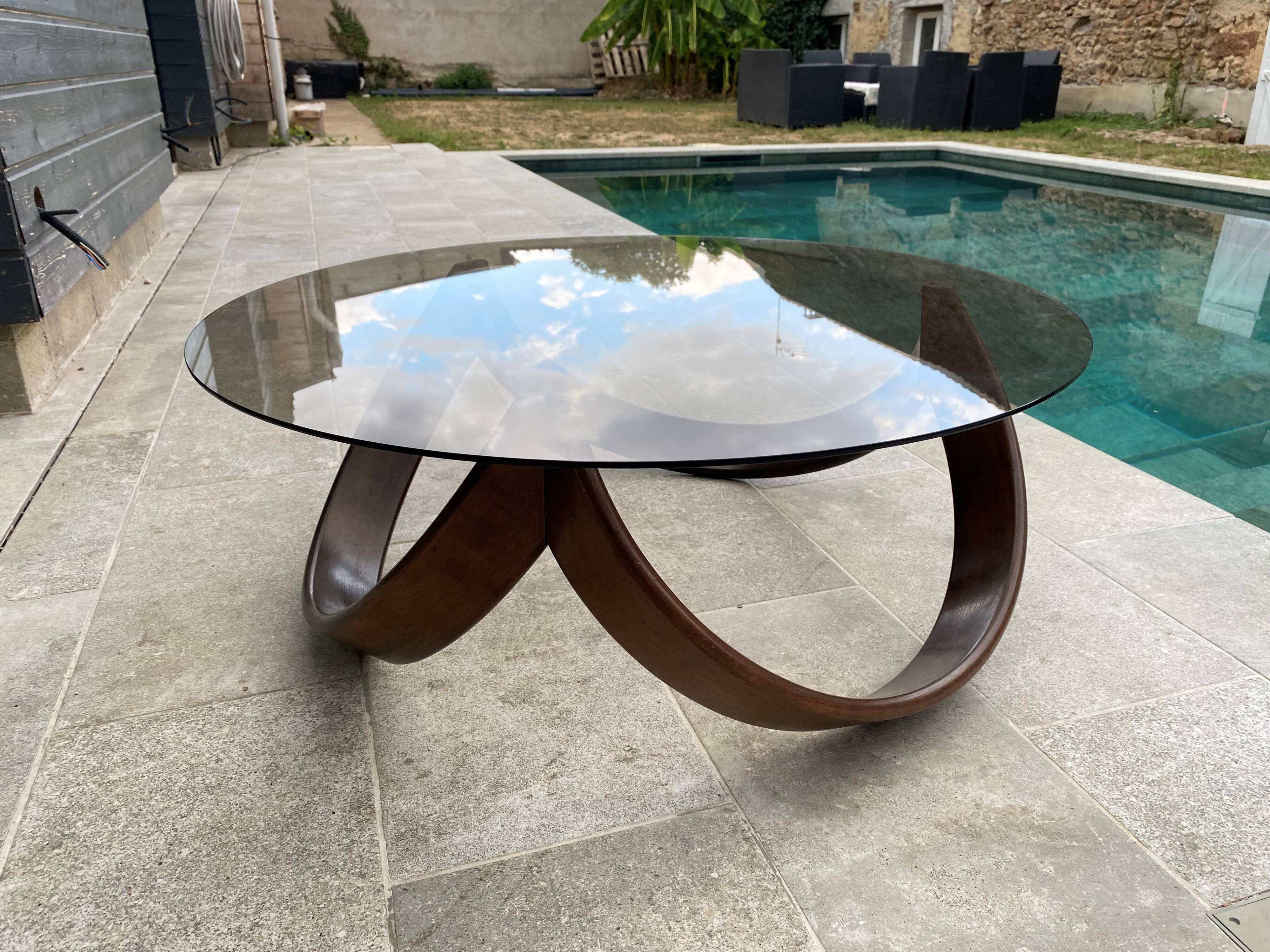 Vintage 1970s organic wood glass round coffee table